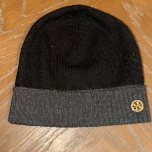 Tory Burch Black and Gray Knit Beanie with Gold Button